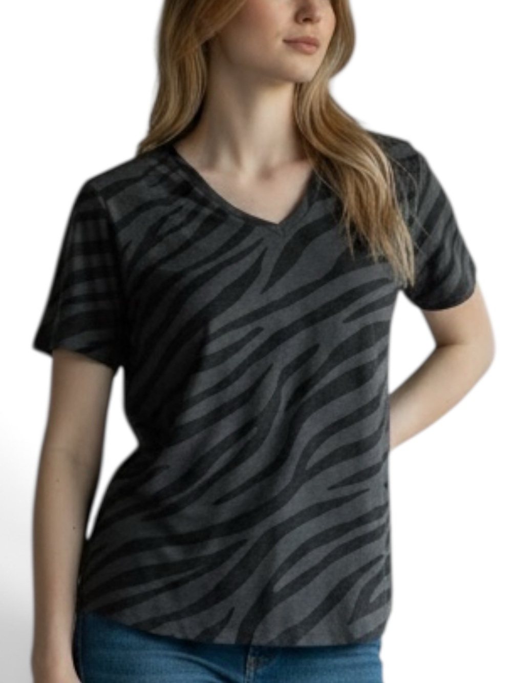 PINK Victoria's Secret Blue Gray Zebra V-Neck Tee with Sequined Logo. Sz. S